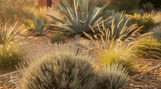 Giardino mediterraneo con piante grigie e succulente sotto il sole estivo