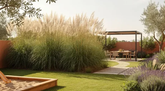 Giardino con zone distinte per bambini e adulti, area giochi su erba e zona pranzo sotto pergola