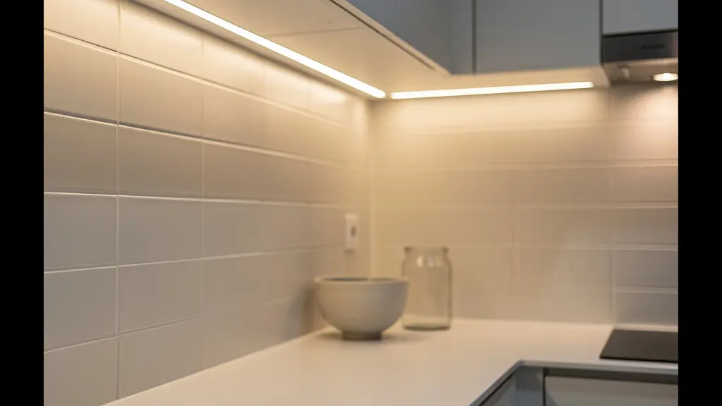 Cucina con illuminazione LED sotto pensili che valorizza le piastrelle verniciate