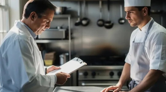 Ispettore ASL esamina registro monitoraggio in cucina professionale con chef preoccupato