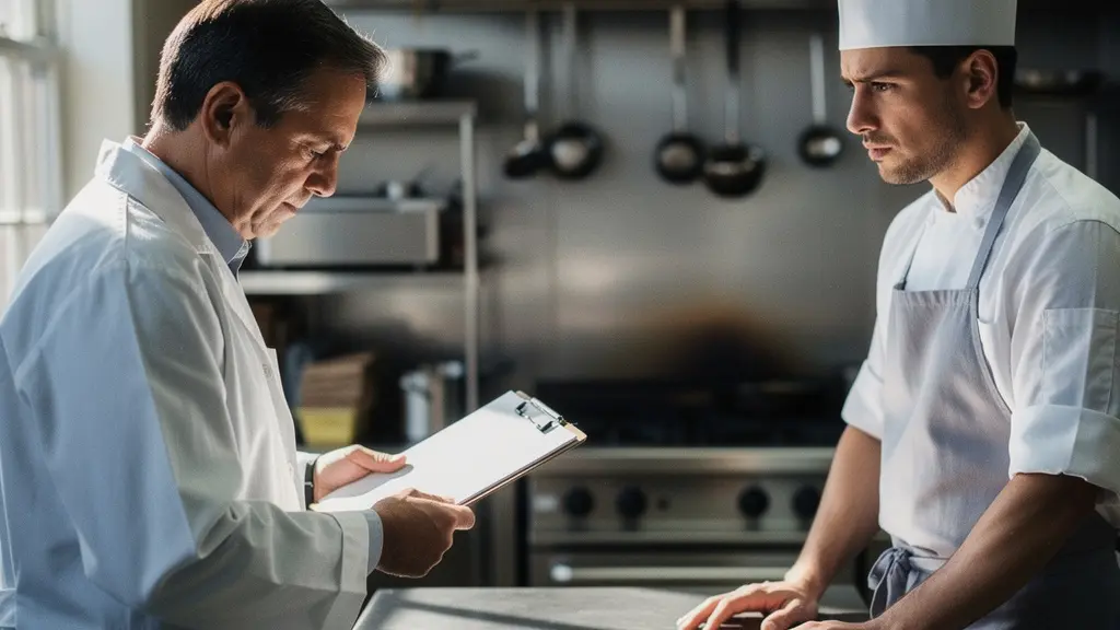 Ispettore ASL esamina registro monitoraggio in cucina professionale con chef preoccupato