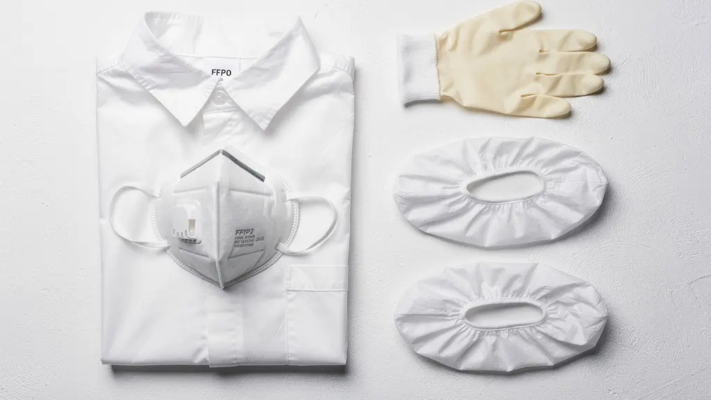 Kit di protezione personale con tuta monouso, maschera FFP2 e guanti disposti su superficie