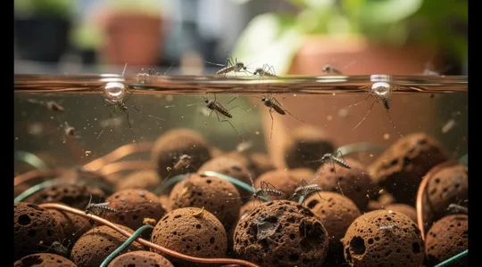 Dettaglio ravvicinato di larve di zanzara tigre in acqua stagnante con argilla espansa e strumenti di controllo larvicida in un giardino urbano