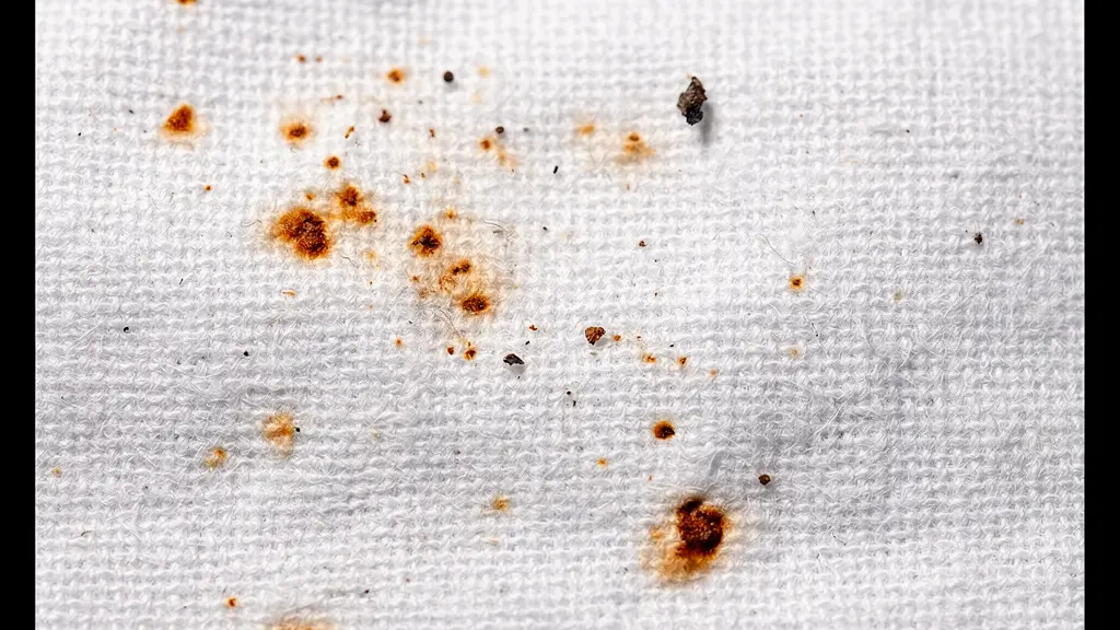 Dettaglio macro di macchie caratteristiche lasciate dalle cimici dei letti su tessuto bianco