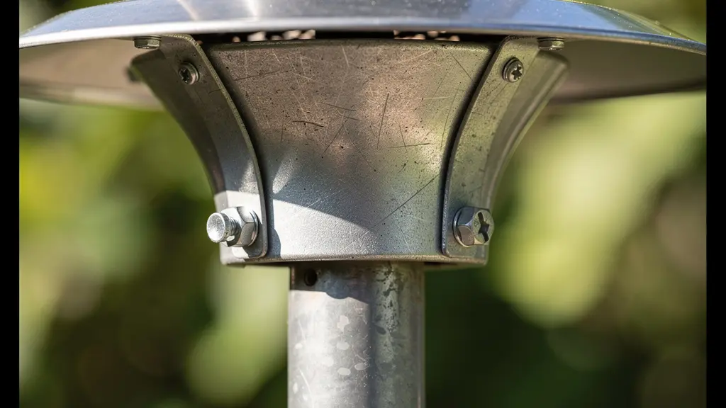 Mangiatoia per uccelli con sistema di protezione anti-roditori installata su palo con deflettore