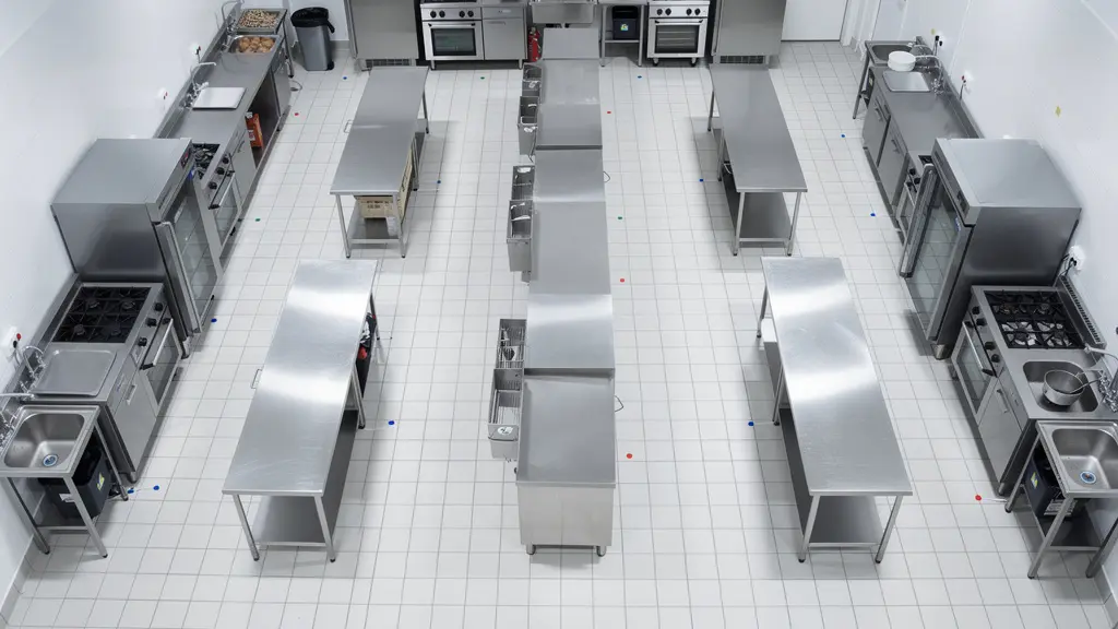 Vista dall'alto di cucina professionale con punti critici evidenziati per monitoraggio