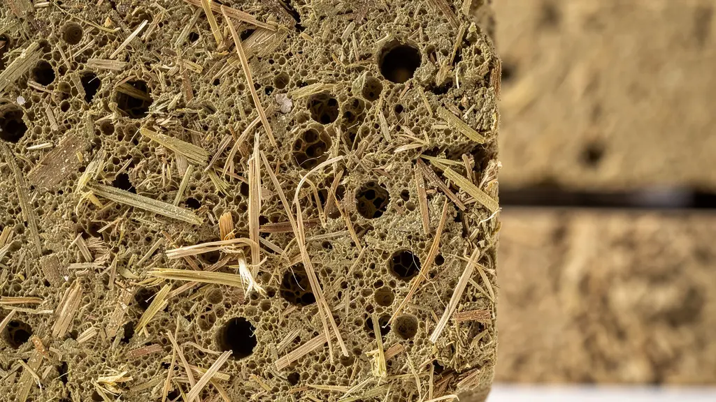 Dettaglio macro di mattoni in canapa e calce con texture naturale visibile