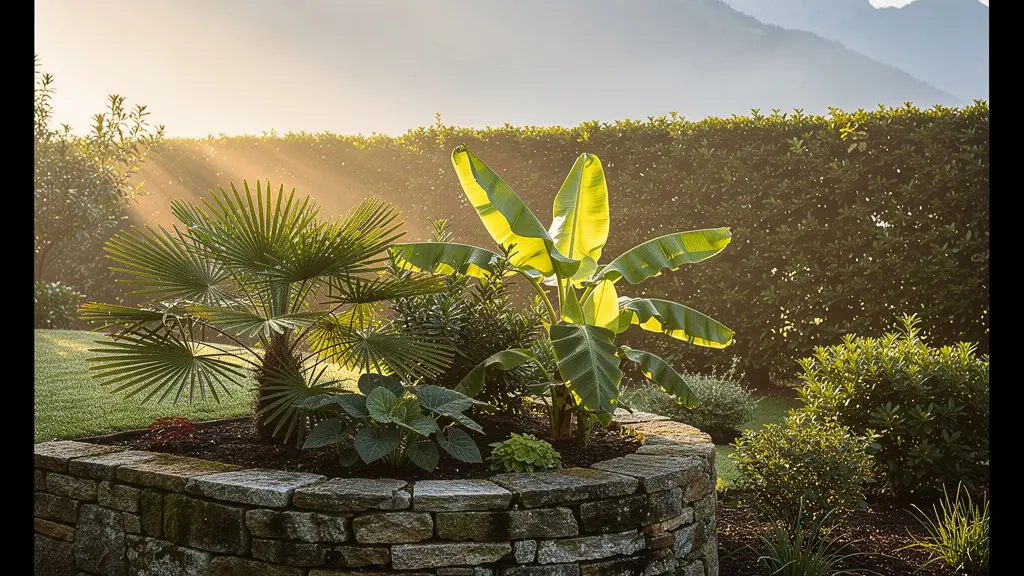 Giardino con microclimi protetti dove crescono piante esotiche al nord, con muri in pietra e zone ombreggiate
