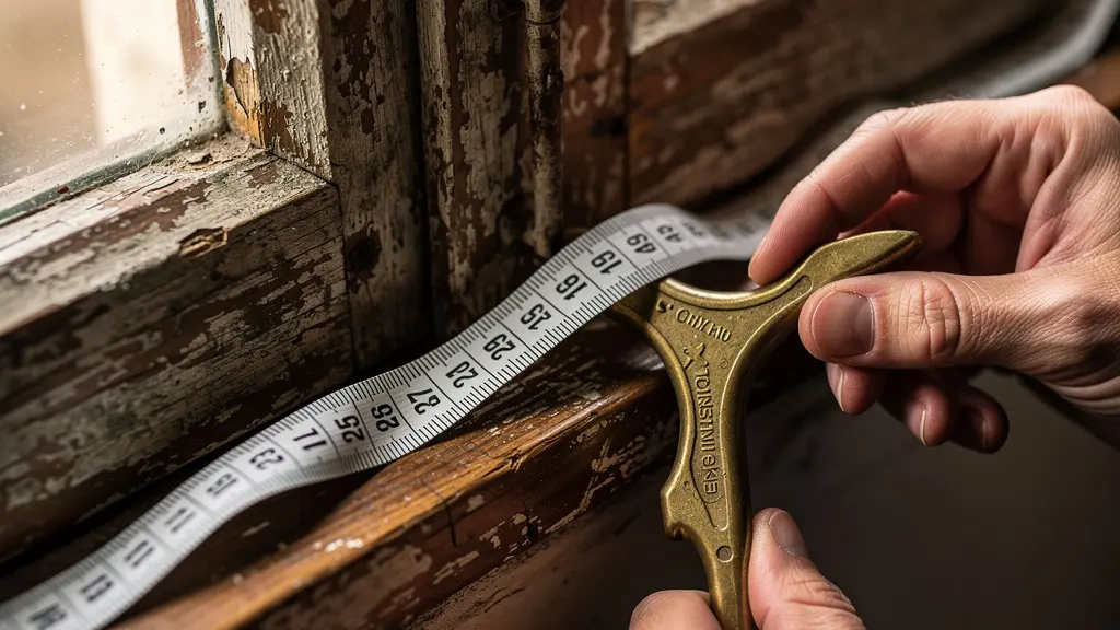 Tecnica di misurazione a tre punti su telaio di finestra antica fuori squadra