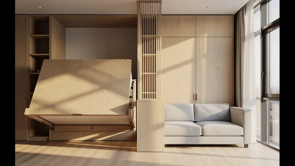 Monolocale di 30 metri quadri con mobili trasformabili che separano elegantemente zona giorno e zona notte