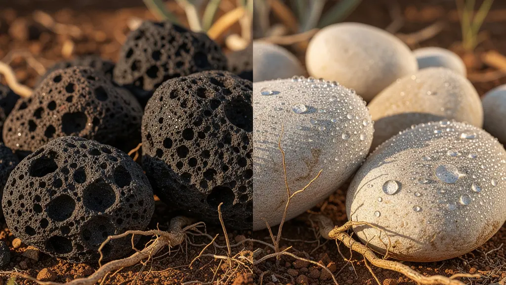 Dettaglio macro di lapillo vulcanico poroso accanto a ciottoli di fiume levigati