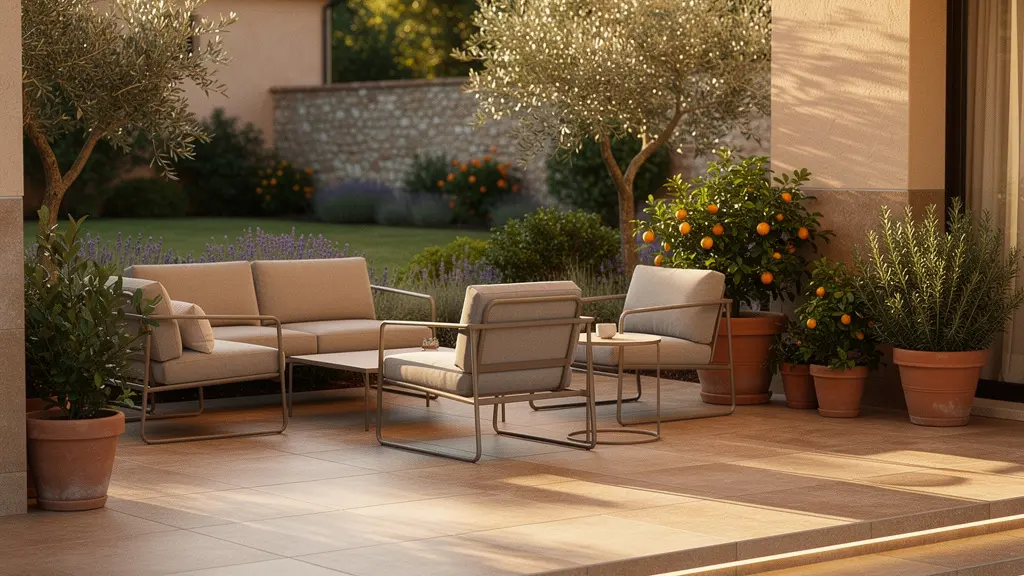 Vista panoramica di un patio in gres porcellanato che si estende dal soggiorno verso il giardino, con mobili da esterno eleganti