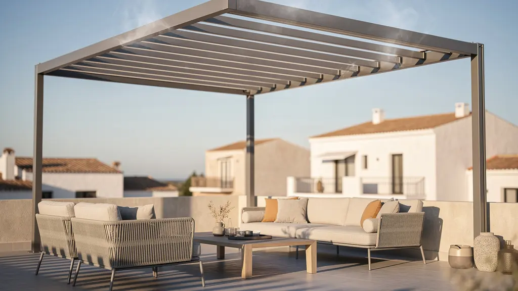 Pergola bioclimatica installata su terrazza panoramica con lame orientabili aperte che creano giochi di luce e ombra