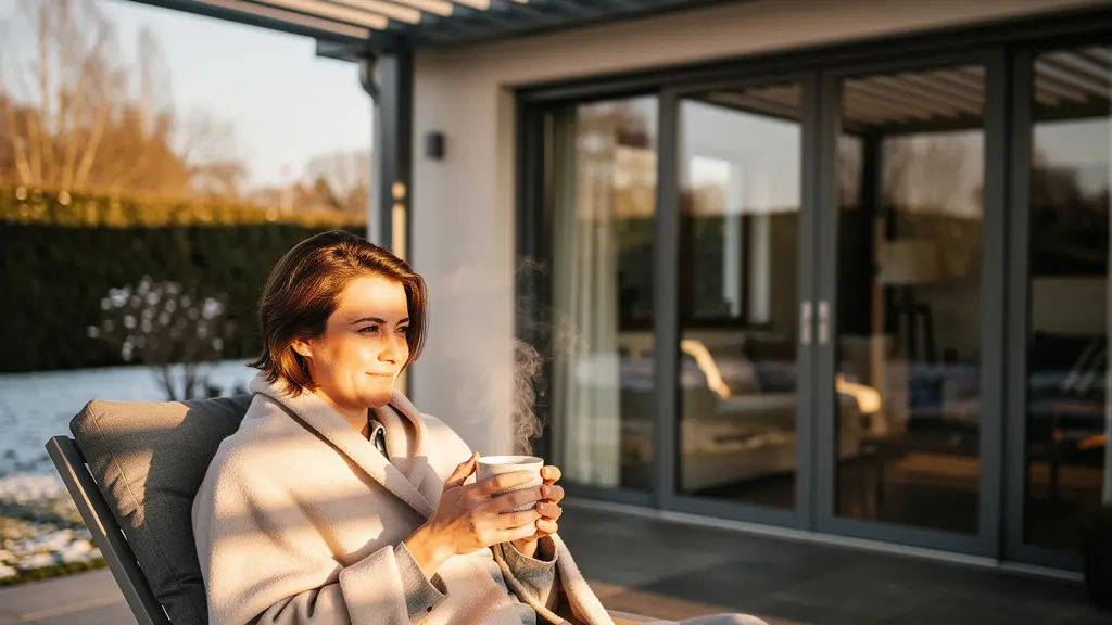Vista laterale di pergola bioclimatica in inverno con lame completamente aperte che permettono ai raggi solari di raggiungere le vetrate della casa