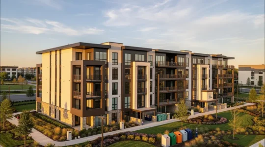 Vista aerea di un condominio moderno con aree verdi curate e punti di monitoraggio discreti per il controllo integrato dei parassiti