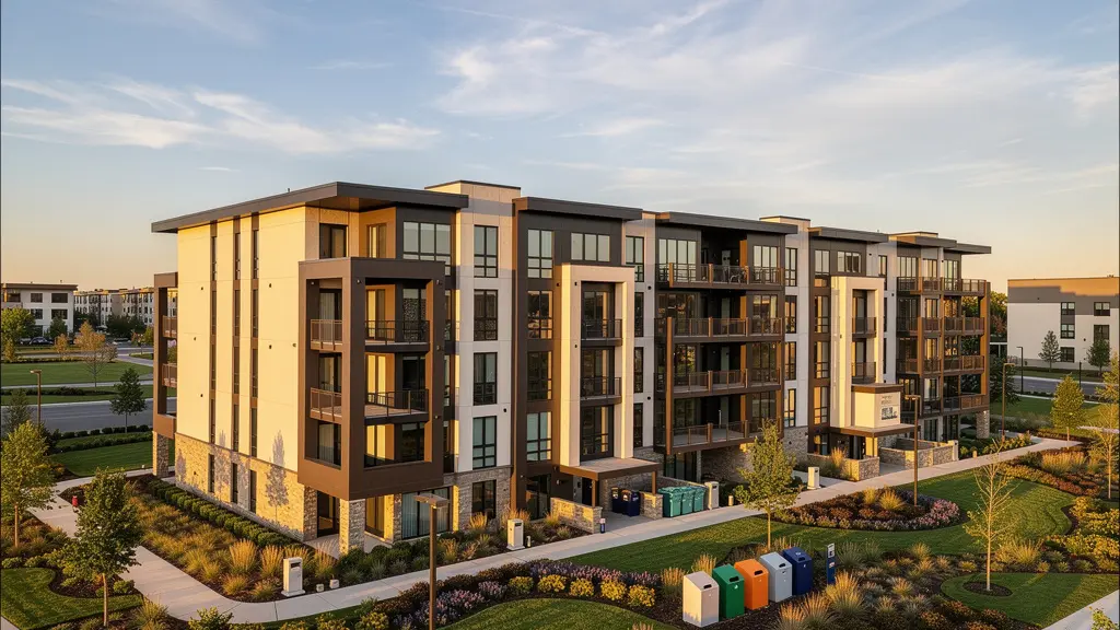 Vista aerea di un condominio moderno con aree verdi curate e punti di monitoraggio discreti per il controllo integrato dei parassiti