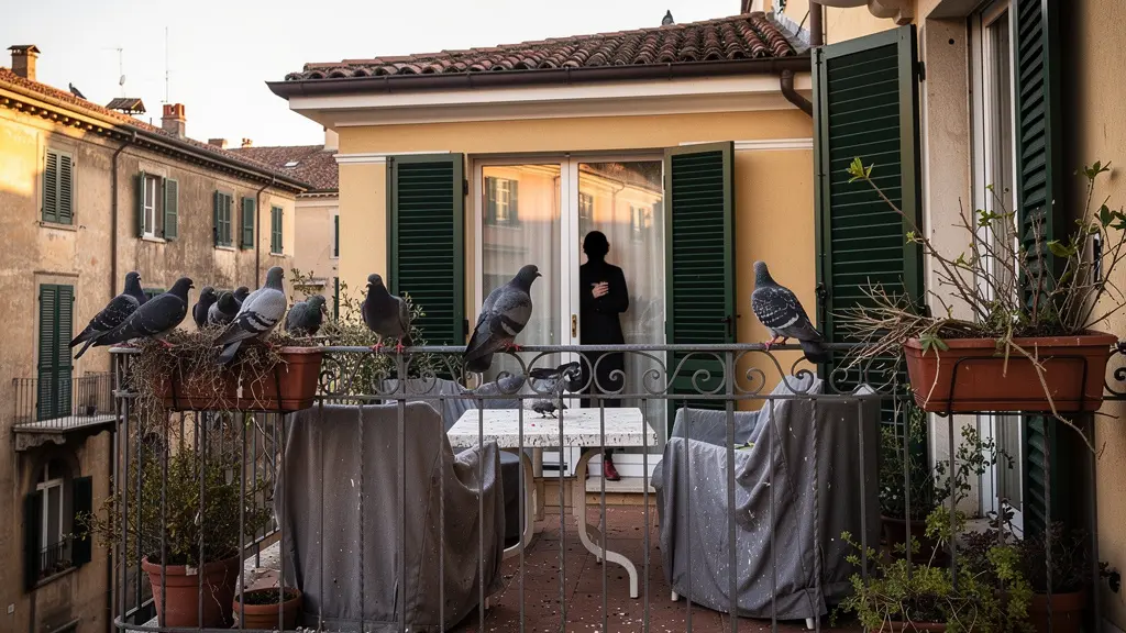 Vista di un balcone urbano con piccioni appollaiati mentre una persona osserva preoccupata dalla finestra