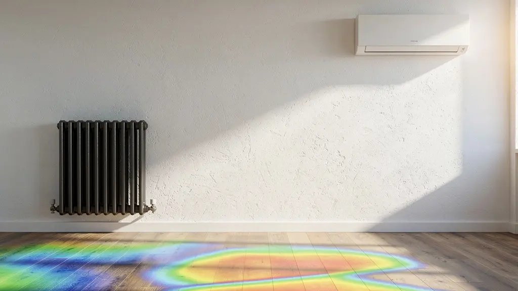 Confronto visivo tra sistema tradizionale caldaia a gas e moderna pompa di calore con radiatori in ghisa