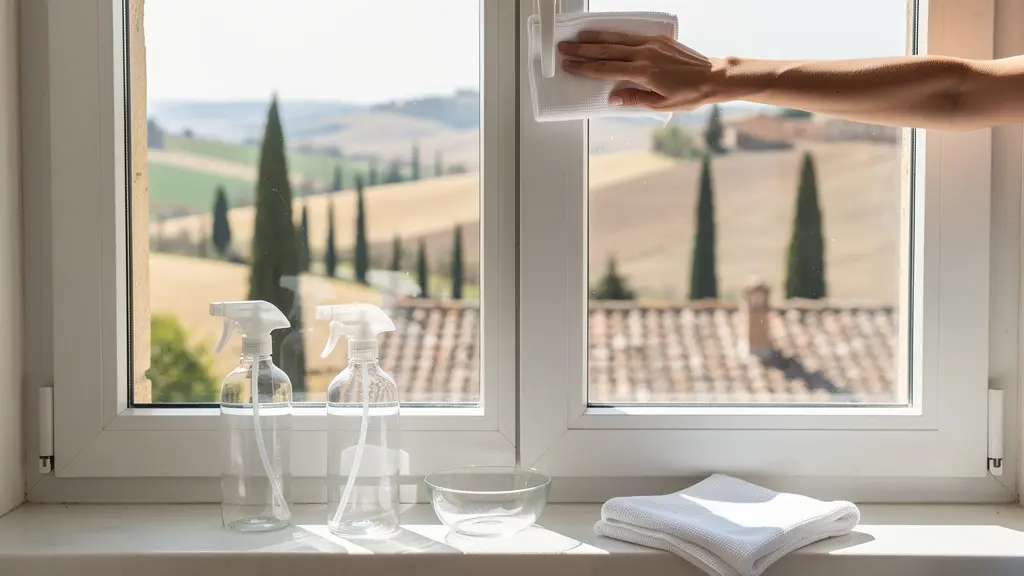 Pulizia professionale del telaio in PVC con alcool isopropilico prima dell'applicazione