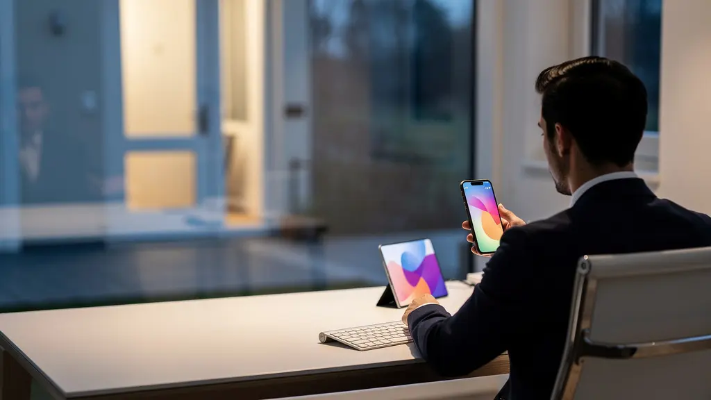 Persona in ufficio che controlla videocitofono su smartphone con vista sfocata della porta di casa sullo sfondo