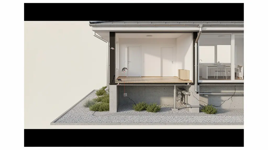 Casa con possibili punti di ingresso nascosti per i topi evidenziati in sezione trasversale