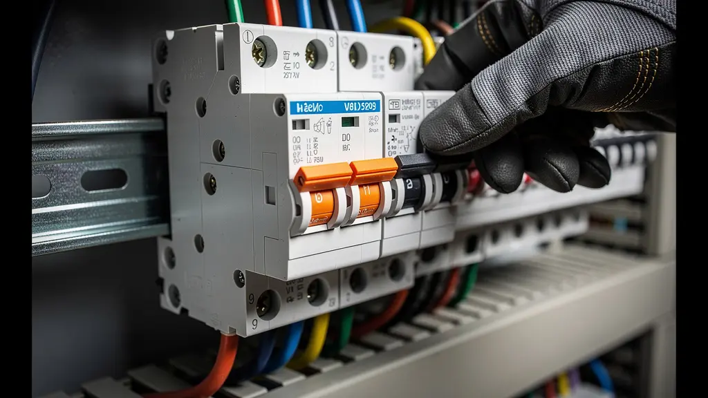 Dettaglio macro di un dispositivo di riarmo automatico installato nel quadro elettrico