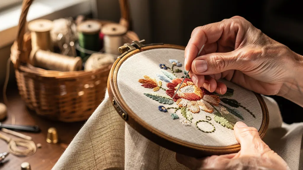 Primo piano di ricamo fatto a mano con dettagli delle irregolarità naturali