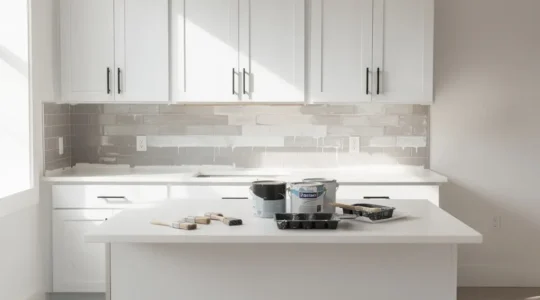 Cucina moderna con piastrelle dipinte e nuove maniglie in ottone