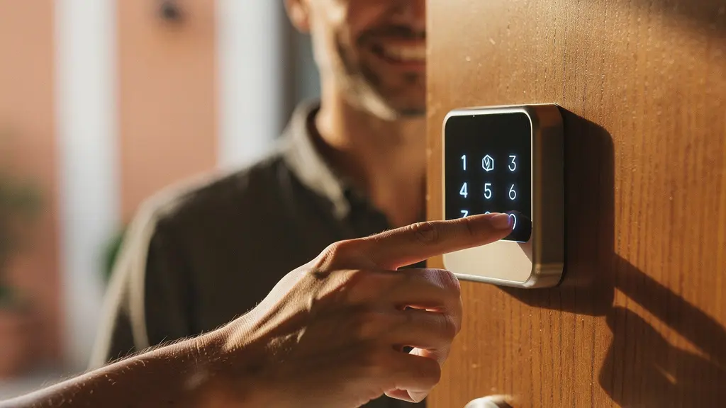 Vista ravvicinata di una serratura smart moderna su porta d'ingresso elegante con mano che digita codice sul tastierino numerico retroilluminato