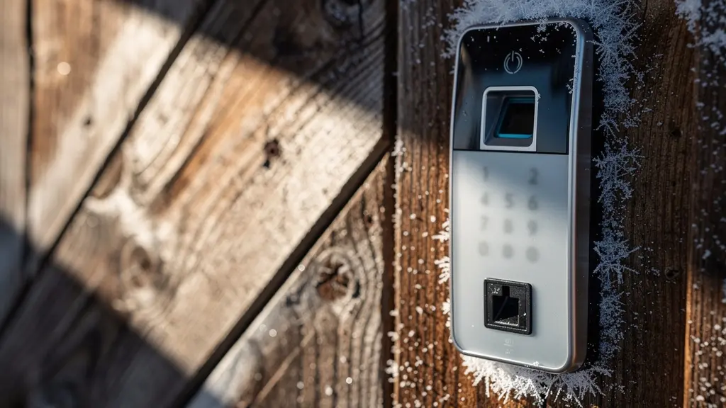 Dettaglio di serratura intelligente installata su porta in legno con tastierino numerico in ambiente montano