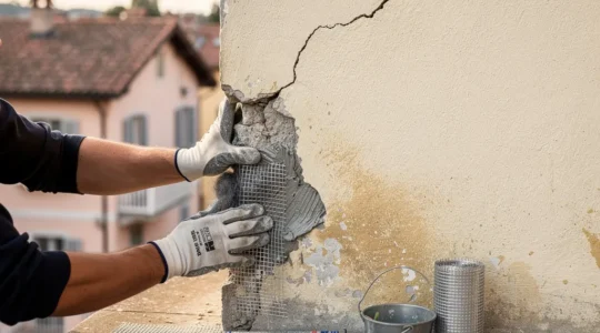 Vista macro di una fessura nel muro esterno di una casa in fase di sigillatura con dettagli di materiali isolanti e rete anti-roditore