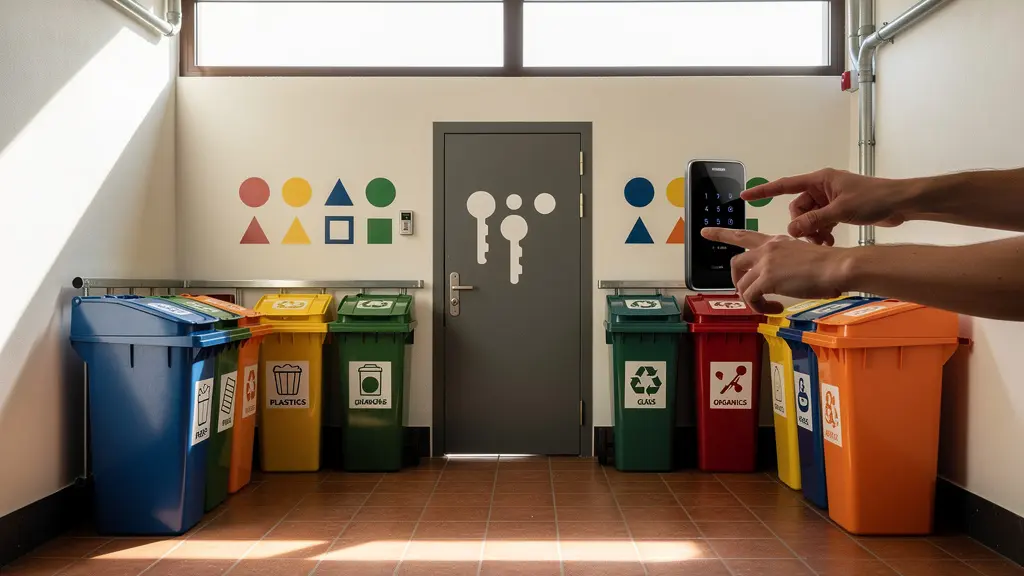 Area rifiuti condominiale moderna con serratura smart su porta e contenitori differenziati colorati in ambiente pulito