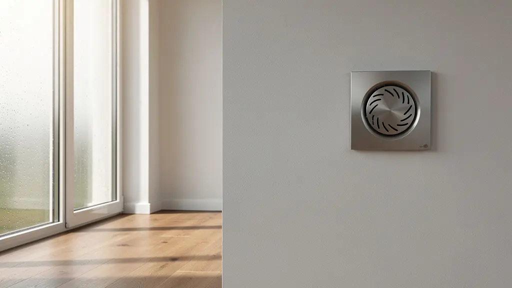 Sistema di ventilazione meccanica controllata puntuale installato discretamente su una parete interna di una casa moderna