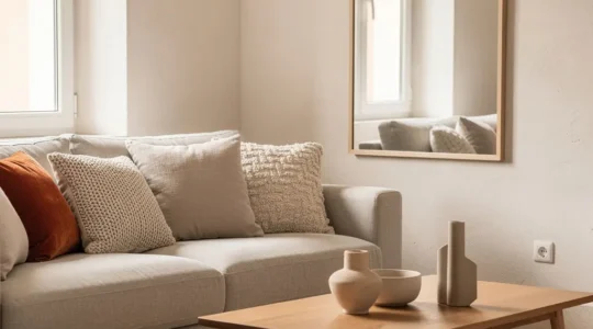 Soggiorno luminoso e moderno con elementi decorativi disposti in gruppi di tre, specchi strategicamente posizionati e palette di colori neutri caldi