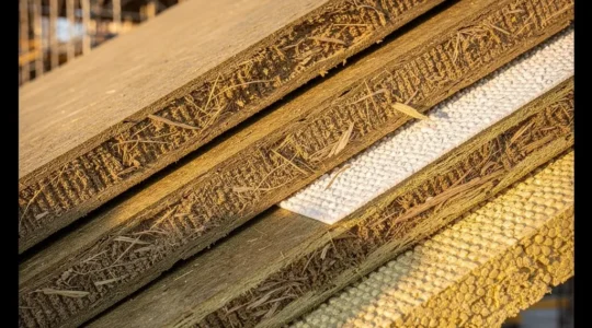 Vista ravvicinata di pannelli isolanti per cappotto termico con diverse texture e spessori in un cantiere edilizio italiano