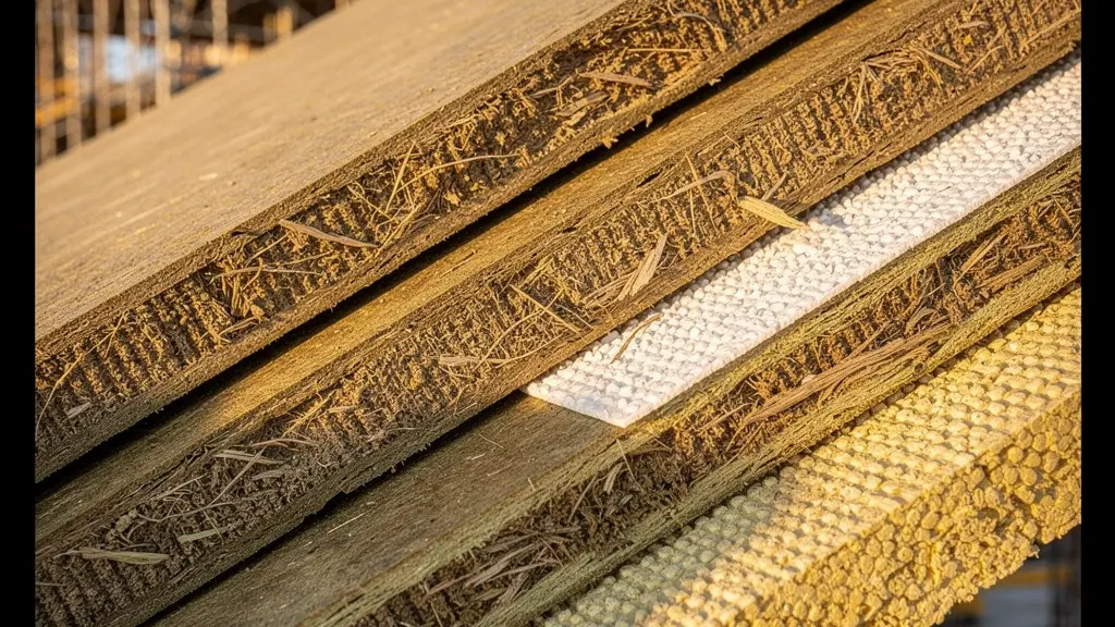 Vista ravvicinata di pannelli isolanti per cappotto termico con diverse texture e spessori in un cantiere edilizio italiano