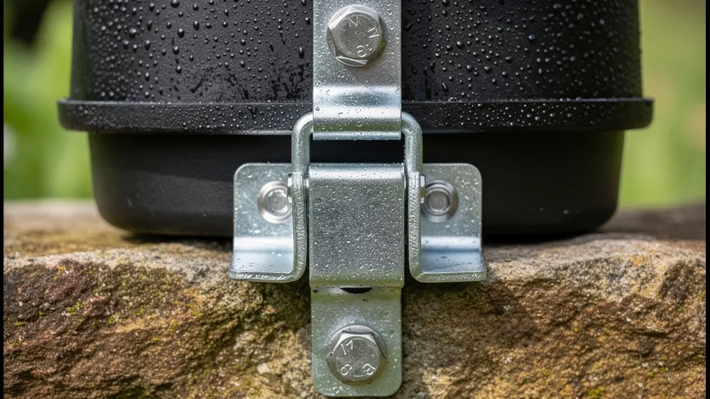 Dettaglio di un sistema di fissaggio professionale per un erogatore di esca rodenticida su una superficie in pietra.