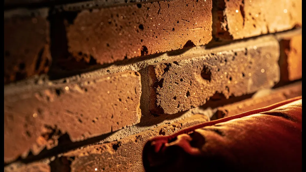 Dettaglio ravvicinato di una parete in mattoni illuminata da luce radente calda che esalta le texture