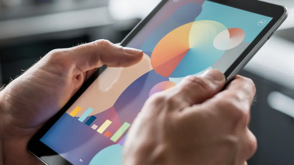 Mani che tengono tablet con grafici colorati in ambiente cucina sfocato