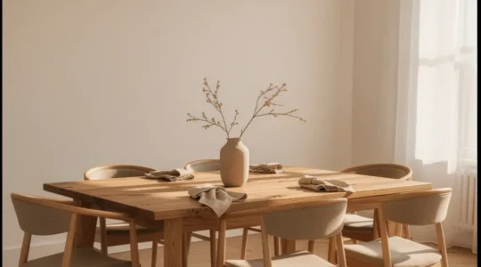 Primo piano di un elegante tavolo in legno massello con venature naturali visibili