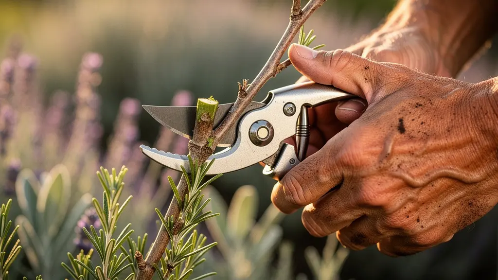 Mani che eseguono un taglio di ritorno su un ramo di rosmarino con cesoie professionali