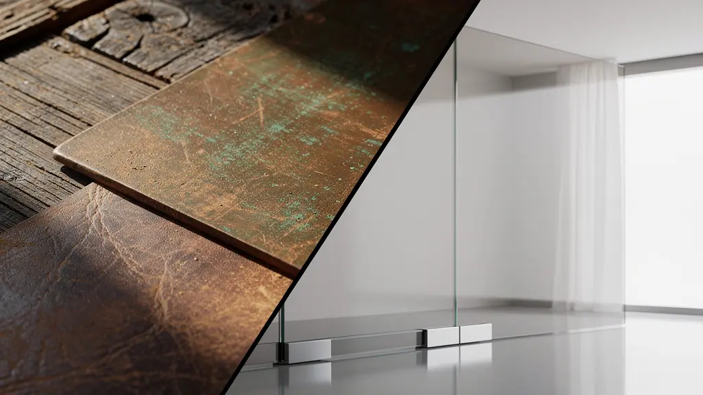 Confronto visivo tra materiali naturali intramontabili e trend temporanei del design d'interni