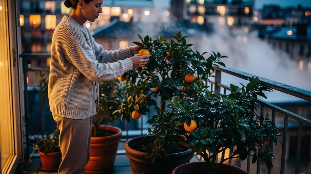 Terrazzo urbano con agrumi protetti dal microclima cittadino in inverno