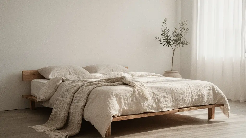 Camera da letto elegante con tessili artigianali di lino e lana naturali