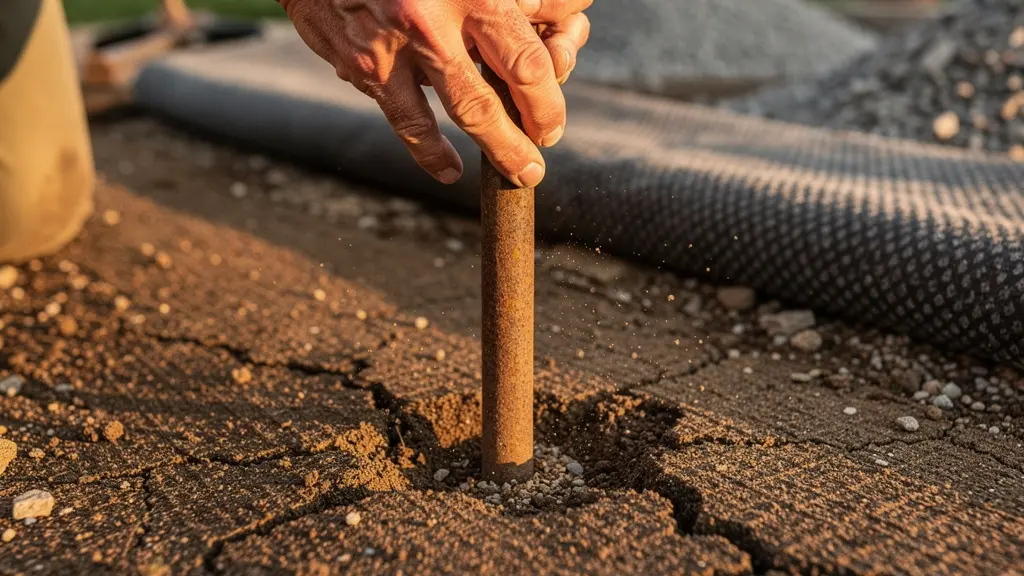 Test di compattazione del terreno con barra di ferro per vialetto stabile