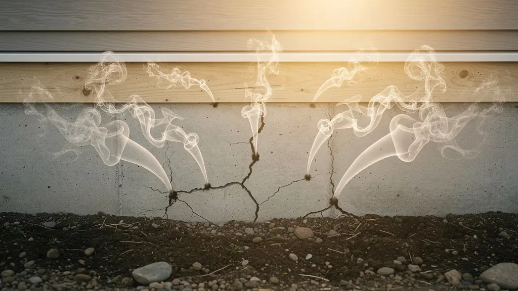 Test del fumo che rivela fessure nascoste nelle fondamenta di una casa