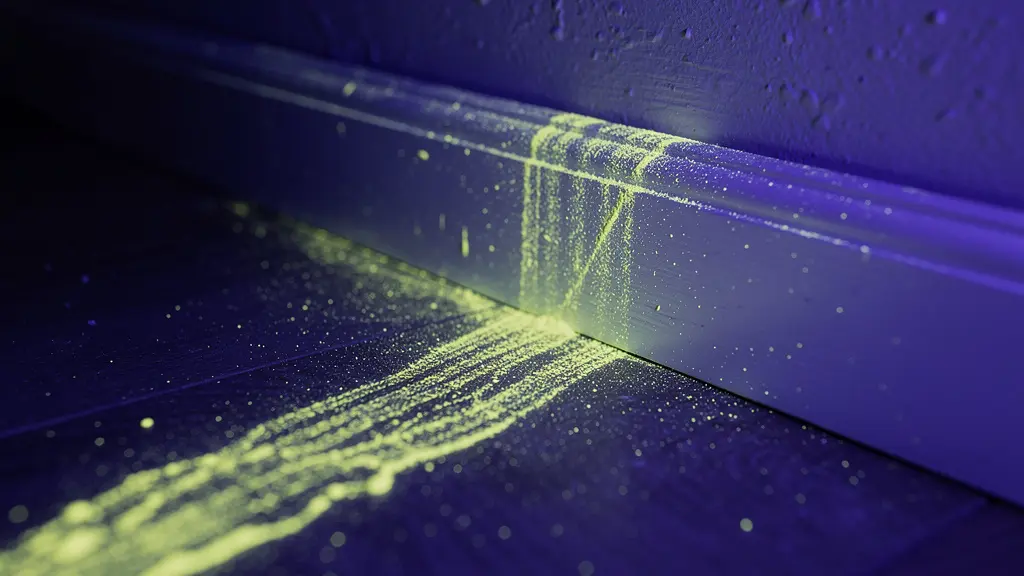 Tracce fluorescenti di urina di topo lungo i battiscopa illuminate da luce ultravioletta