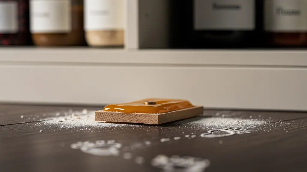 Vista dettagliata di una trappola adesiva aperta posizionata strategicamente all'interno di una dispensa alimentare per il monitoraggio delle infestazioni