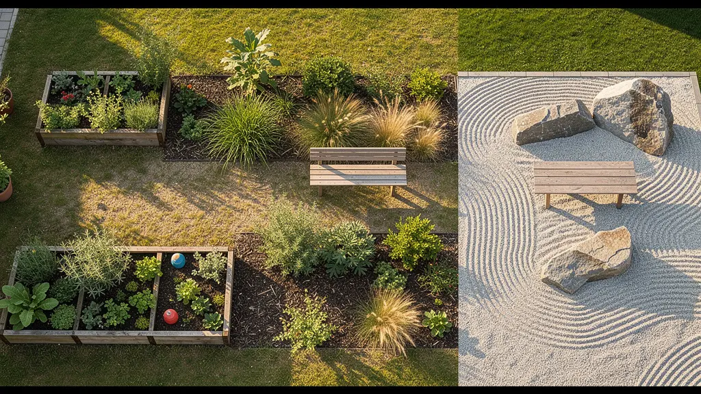 Vista aerea di un giardino in trasformazione da area giochi a spazio zen