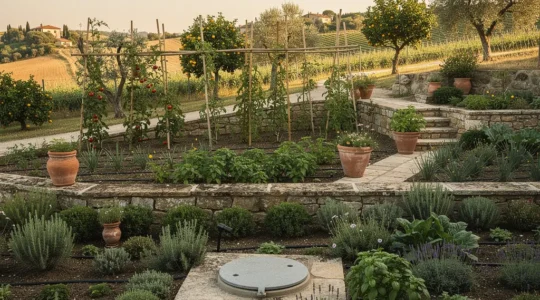 Sistema di recupero acqua piovana con cisterna interrata e irrigazione del giardino in estate